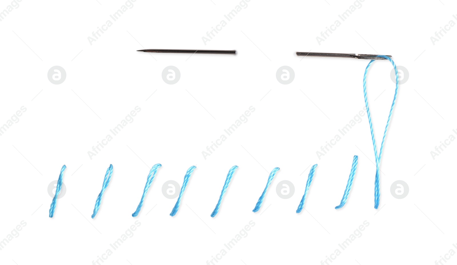 Photo of Sewing needle with thread and stitches isolated on white