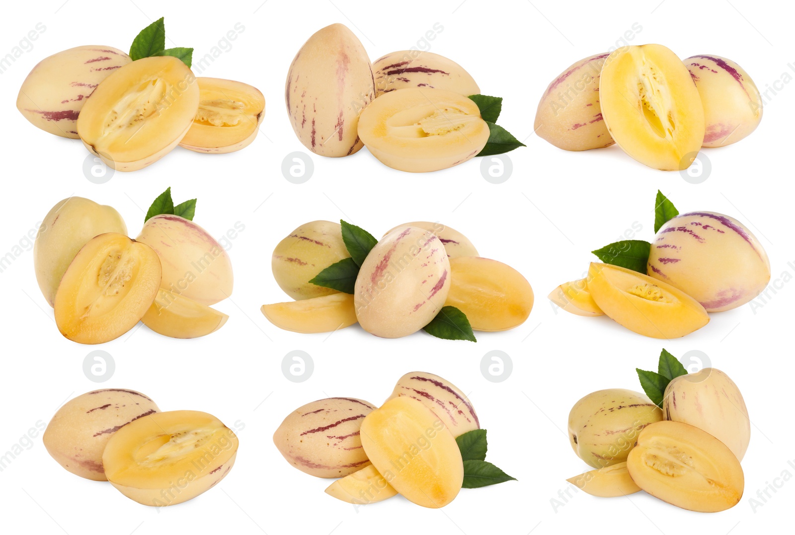 Image of Set with fresh ripe pepino fruits on white background 