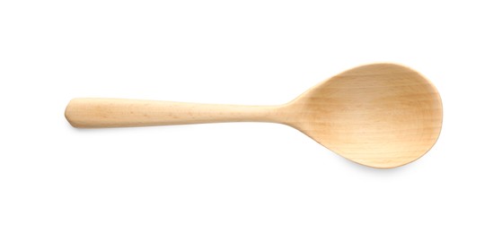 Photo of One empty wooden spoon isolated on white, top view