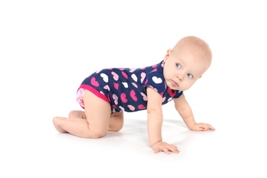 Photo of Cute little baby crawling on white background