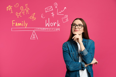 Image of Life balance. Thoughtful woman making choice between family and work
