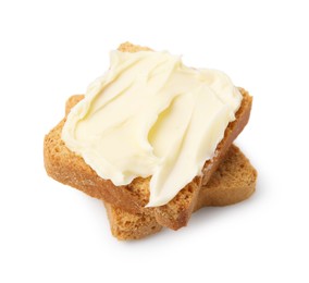 Photo of Slices of dry bread with butter isolated on white