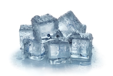 Photo of Pile of crystal clear ice cubes on white background