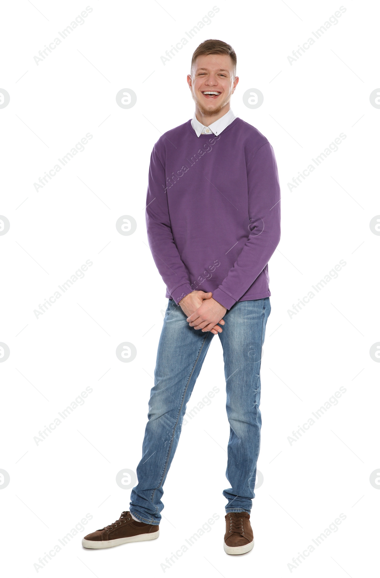 Photo of Full length portrait of handsome young man on white background