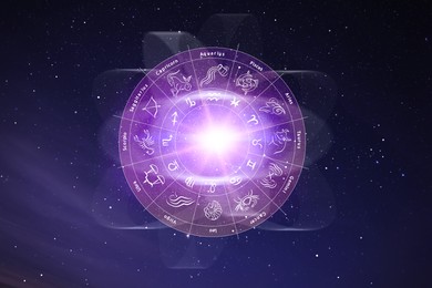 Image of Zodiac wheel with astrological signs around bright star in open space, illustration