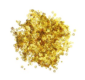 Photo of Yellow sequins in shape of stars isolated on white, top view