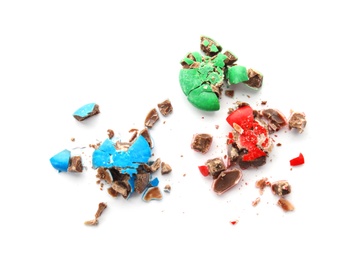 Photo of Crushed candies on white background, top view