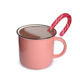 Photo of Cup of delicious hot chocolate with candy canes isolated on white