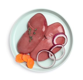 Photo of Fresh raw kidneys with thyme, onion and carrot on white background, top view