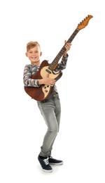 Photo of Cute little boy playing guitar isolated on white