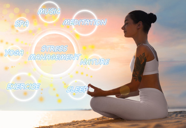Image of Stress management techniques. Woman meditating on beach