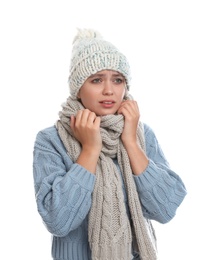 Photo of Young woman suffering from cold on white background