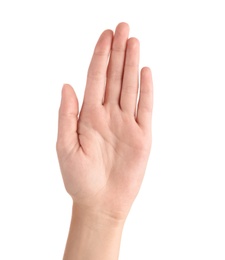 Photo of Abstract young woman's hand on white background