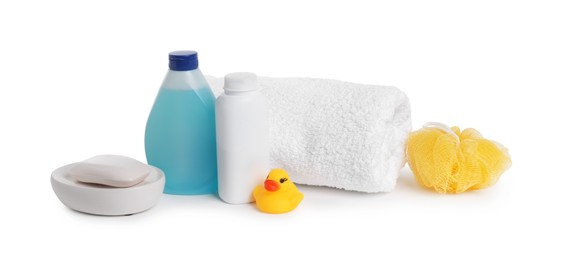 Photo of Baby cosmetic products, bath duck, sponge and towel isolated on white