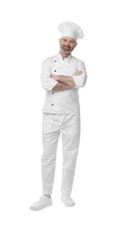 Photo of Happy chef in uniform with crossed arms on white background