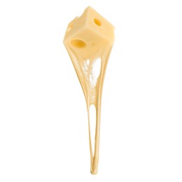Image of Tasty cheese stretching in air on white background