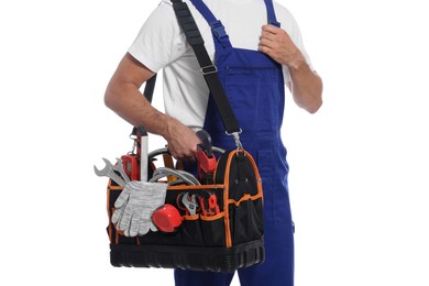 Photo of Professional plumber with tool bag on white background, closeup