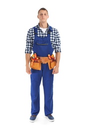 Photo of Electrician with tools wearing uniform on white background