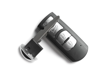 Photo of Car key and alarm system remote control isolated on white, top view