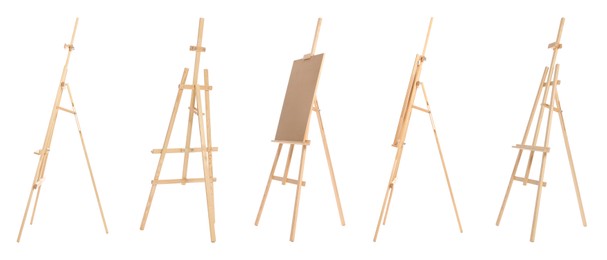 Image of Wooden easel isolated on white, different sides