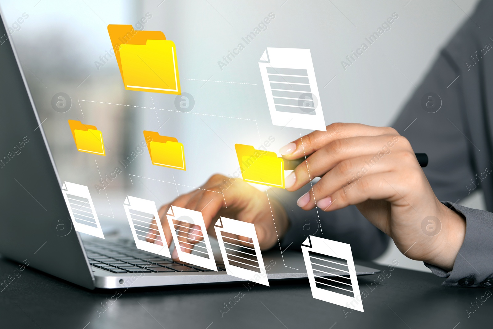 Image of File system. Woman with laptop at table, closeup. User organizing folders and documents on virtual screen