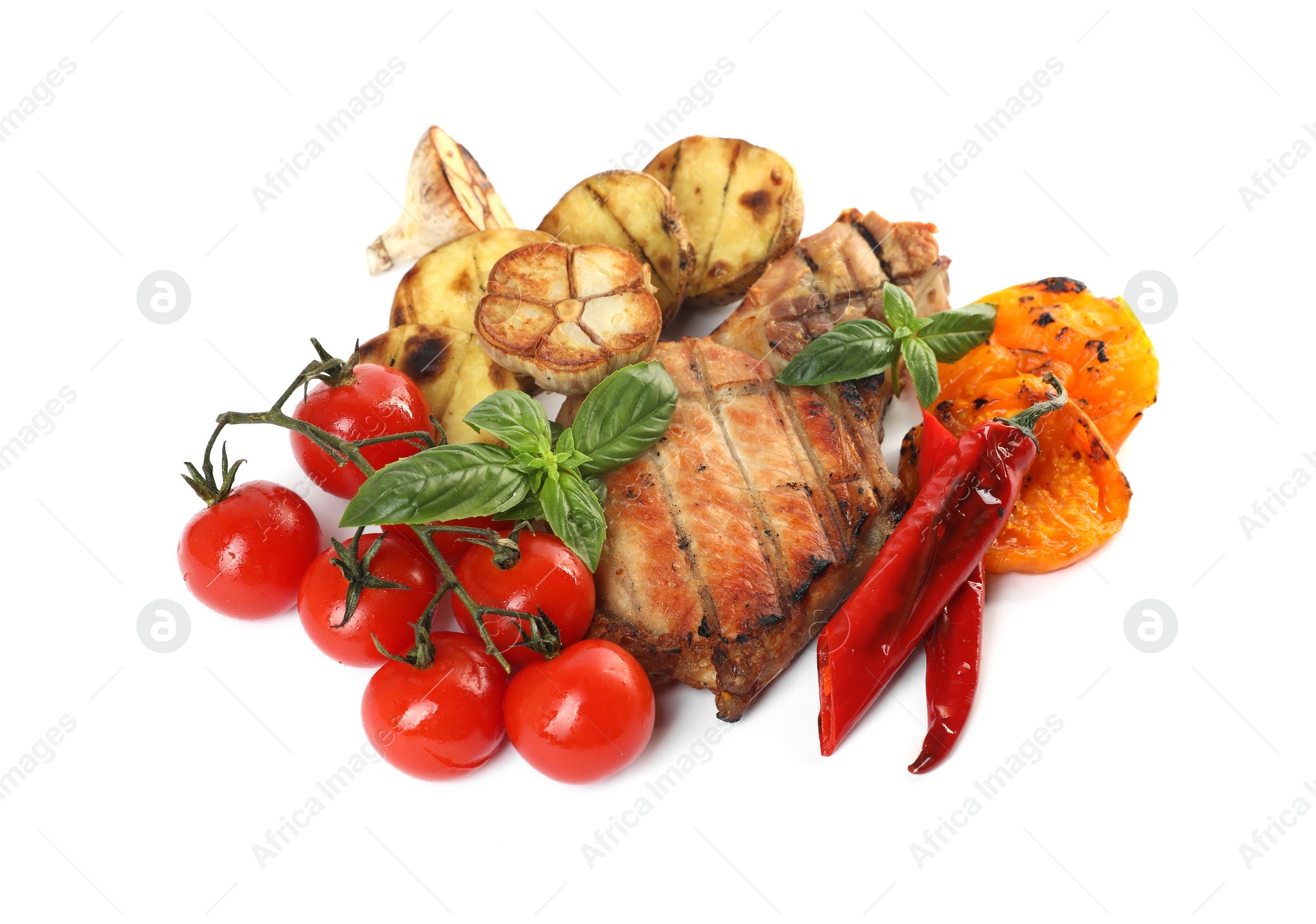 Photo of Tasty grilled vegetables, meat, fresh cherry tomatoes and basil isolated on white, above view