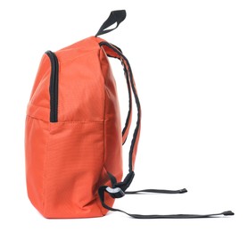 Photo of One stylish orange backpack on white background