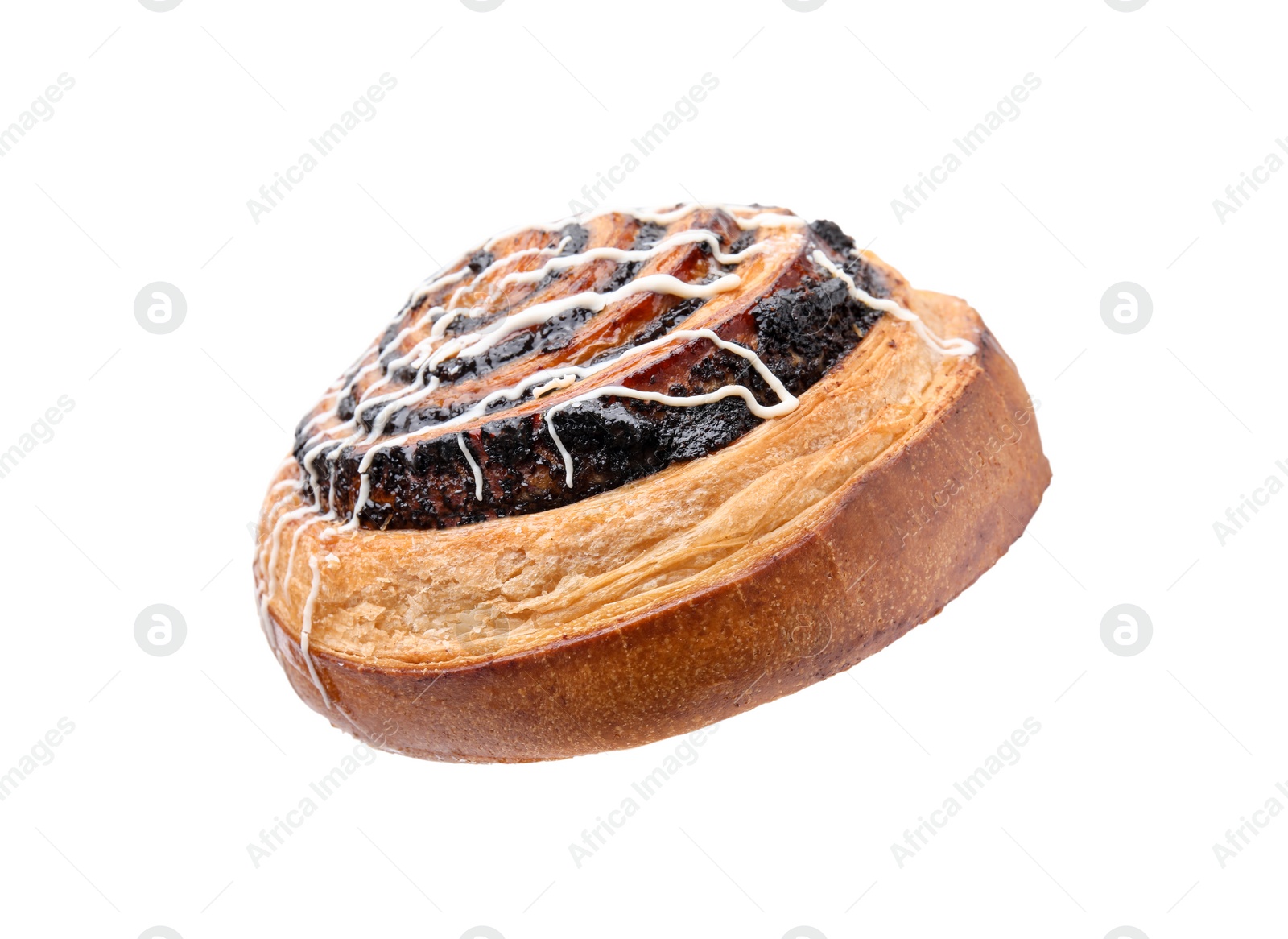 Photo of One delicious roll with poppy seeds and topping isolated on white. Sweet bun