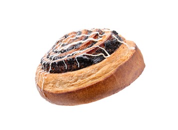 Photo of One delicious roll with poppy seeds and topping isolated on white. Sweet bun