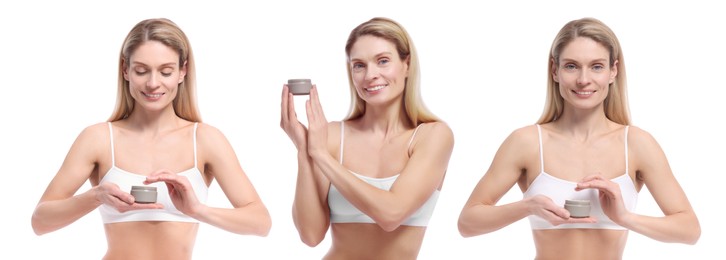 Image of Photos of woman holding jar with body cream on white background, collage design