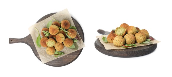 Image of Delicious deep fried falafel balls on white background, collage. Banner design 