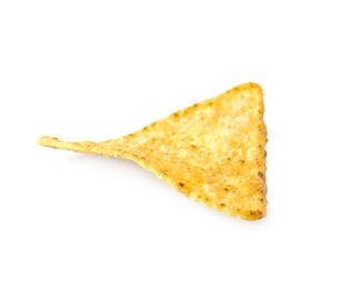 Photo of Tasty Mexican nacho chip on white background