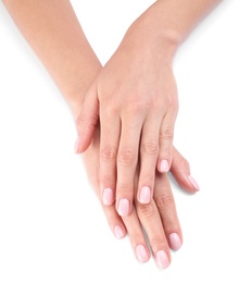 Photo of Woman with beautiful hands on white background, closeup. Spa treatment