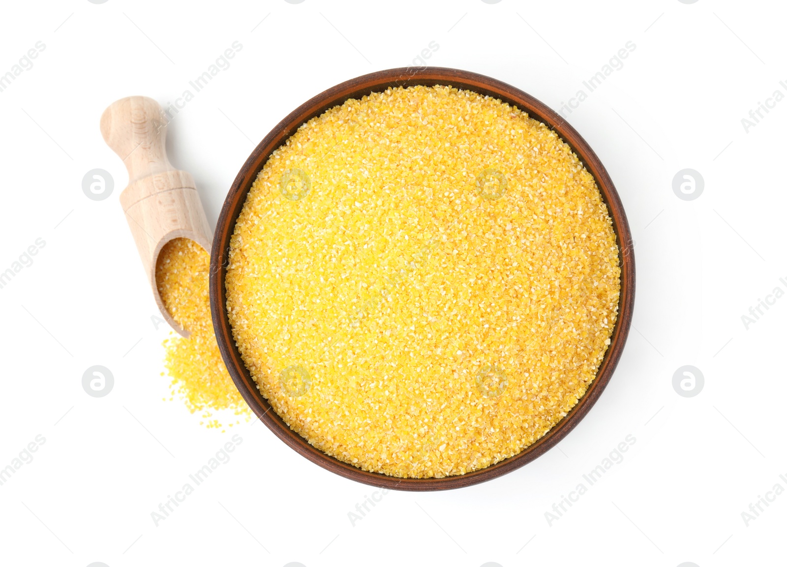 Photo of Raw cornmeal in bowl and scoop isolated on white, top view