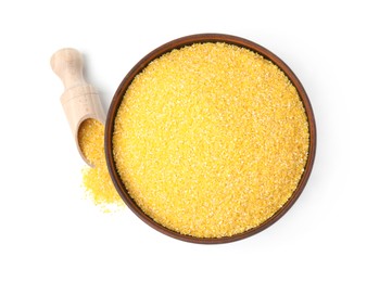 Photo of Raw cornmeal in bowl and scoop isolated on white, top view