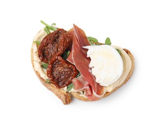 Photo of Delicious sandwich with burrata cheese, ham and sun-dried tomatoes isolated on white, top view