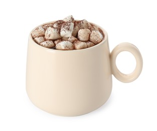 Photo of Cup of aromatic hot chocolate with marshmallows and cocoa powder isolated on white