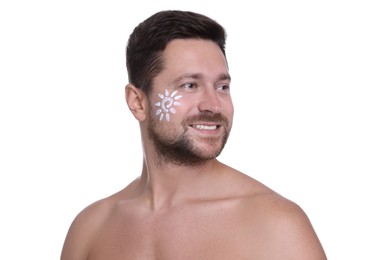 Photo of Handsome man with sun protection cream on his face against white background