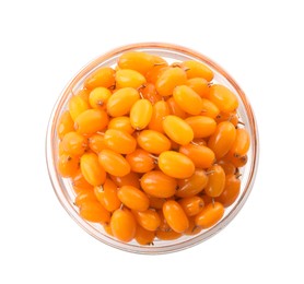 Photo of Fresh ripe sea buckthorn berries in bowl on white background, top view