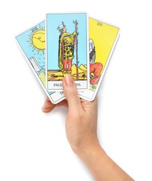 Photo of Woman with tarot cards on white background, top view