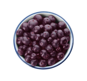 Photo of Fresh acai berries in bowl isolated on white, top view
