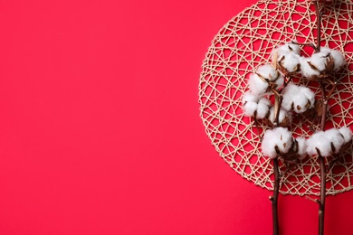 Photo of Flat lay composition with cotton flowers on red background. Space for text