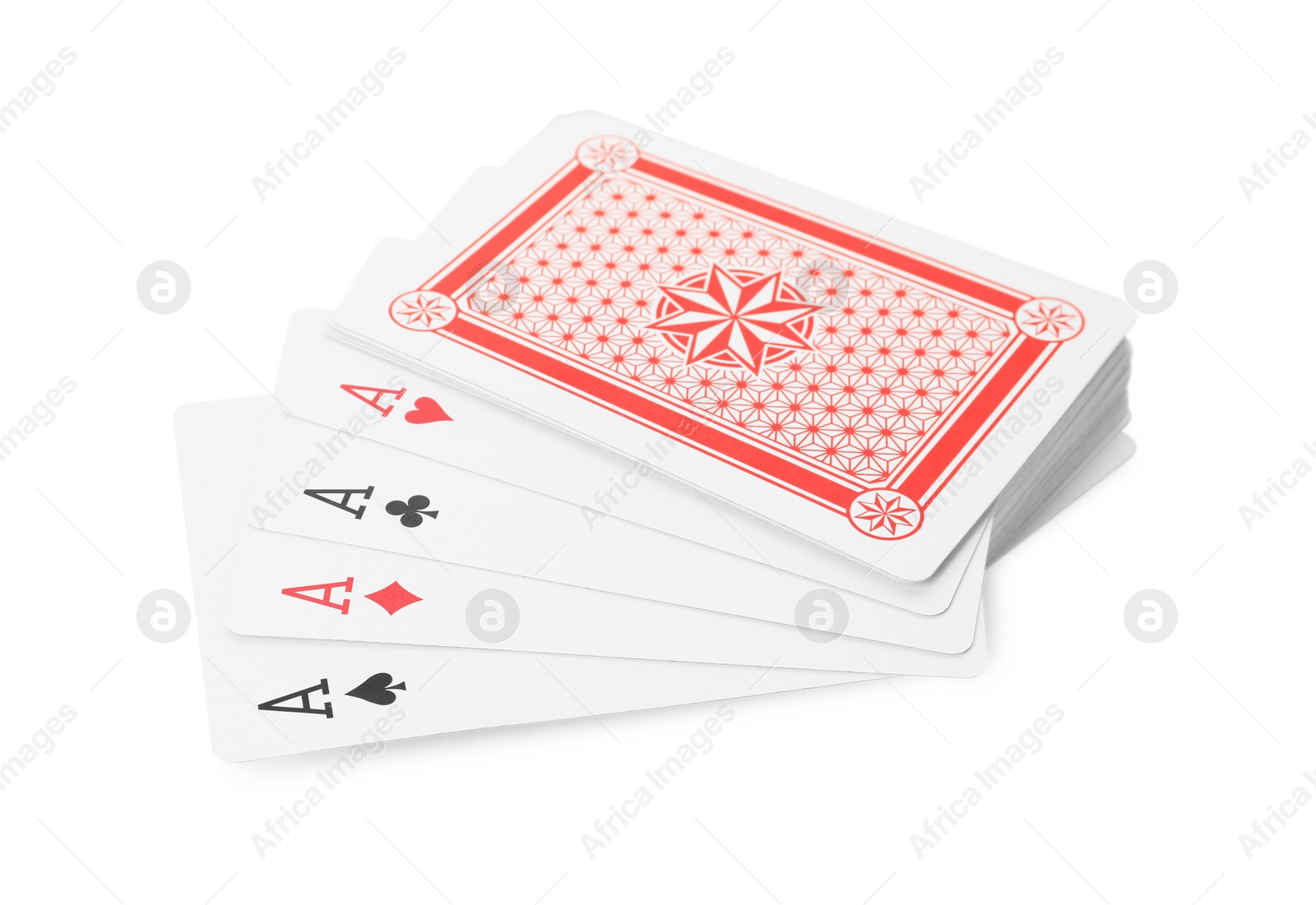 Photo of Four aces and other playing cards isolated on white. Poker game