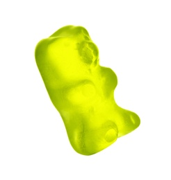 Photo of Delicious yellow jelly bear on white background