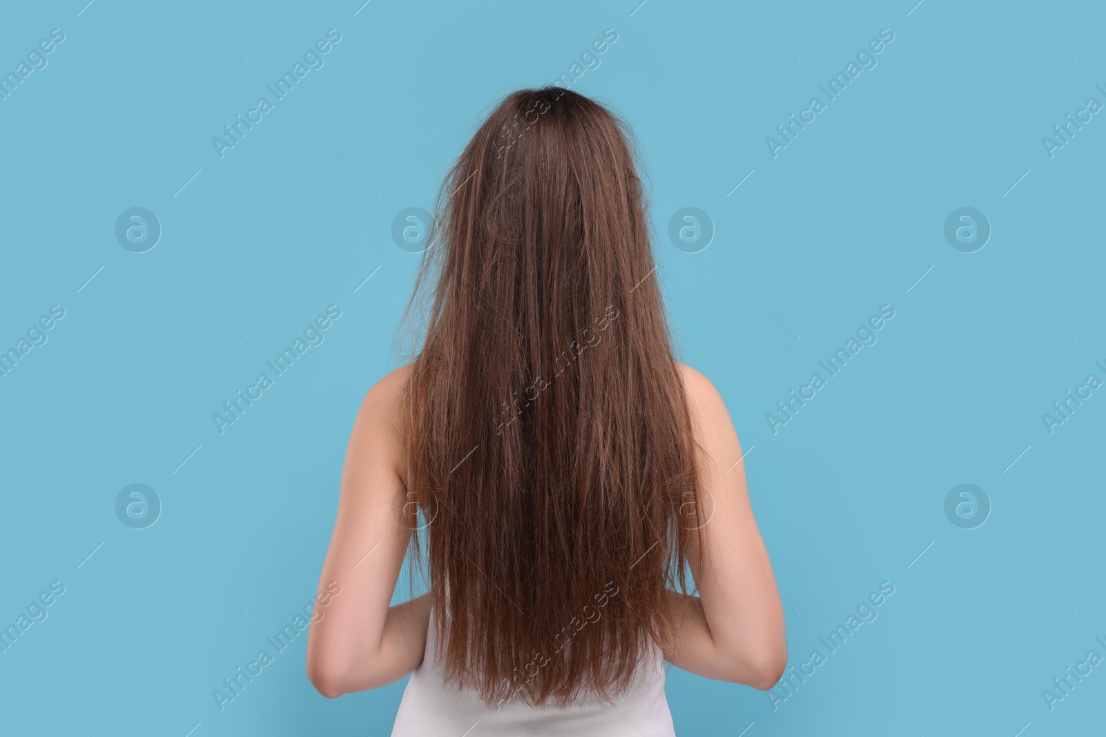 Photo of Woman with damaged messy hair on light blue background, back view