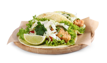 Photo of Yummy fish tacos with lettuce isolated on white