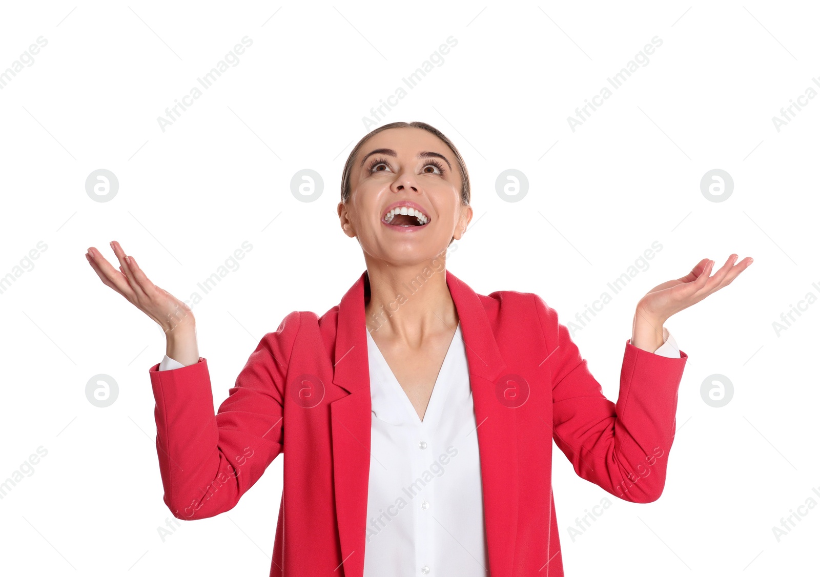 Photo of Young woman under rain of money on white background