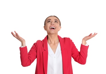 Young woman under rain of money on white background