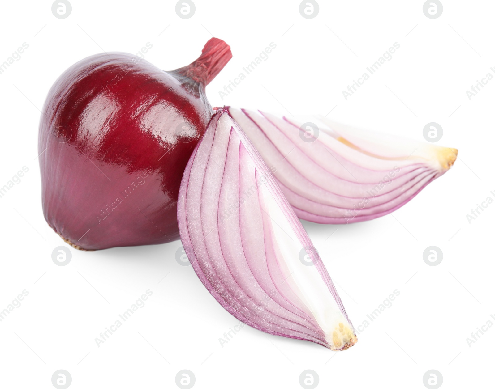 Photo of Fresh whole and cut red onions on white background