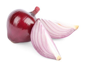 Fresh whole and cut red onions on white background